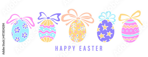 Happy Easter banner. Trendy Easter design with hand drawn easter eggs with tied bows in pastel color. Design for holiday greeting card and invitation. Vector illustration.