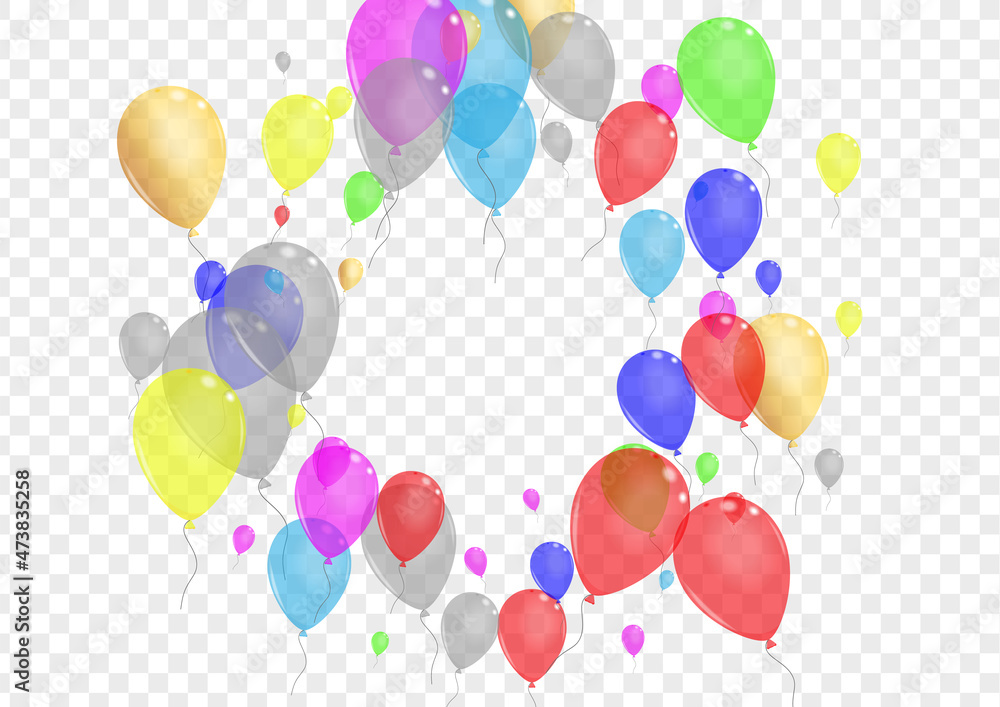 Yellow Balloon Background Transparent Vector. Helium Fun Design. Colorful Light. Blue Confetti. Toy Present Template.