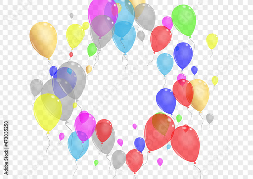 Yellow Balloon Background Transparent Vector. Helium Fun Design. Colorful Light. Blue Confetti. Toy Present Template.