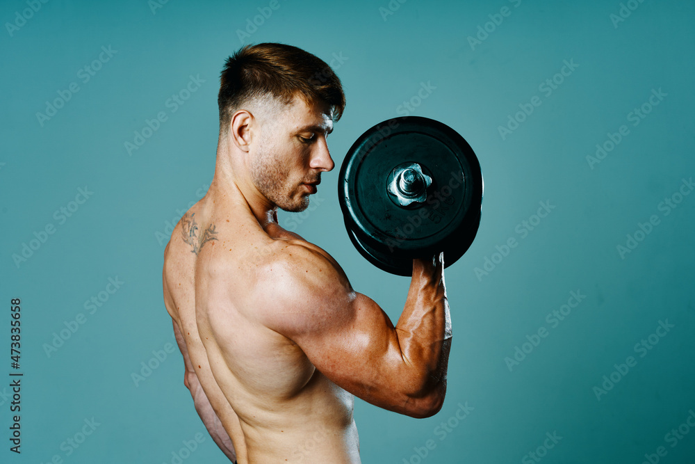 bodybuilder with a muscular body with dumbbells in his hands fitness bodybuilder with a muscular body with dumbbells in his hands fitness
