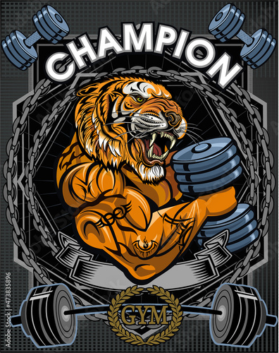 Saber toothed tiger. Weightlifting power sport. 
Fitness gym