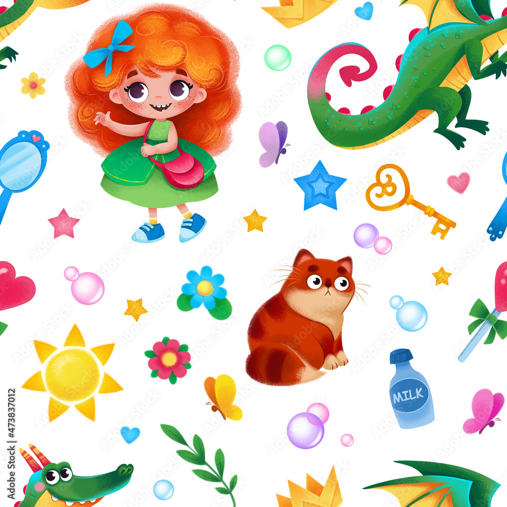 Obraz premium Cute cartoon characters - Princess, fat cat and dragon. Seamless cartoon cute pattern on a white background. Children`s funny illustration with funny characters, freehand drawing. Newborn print