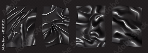 Black wrinkled rectangular sheet with latex texture set vector illustration. 3d realistic crumpled plastic food packaging, glued glossy paper or pvc stretch packing material on black background