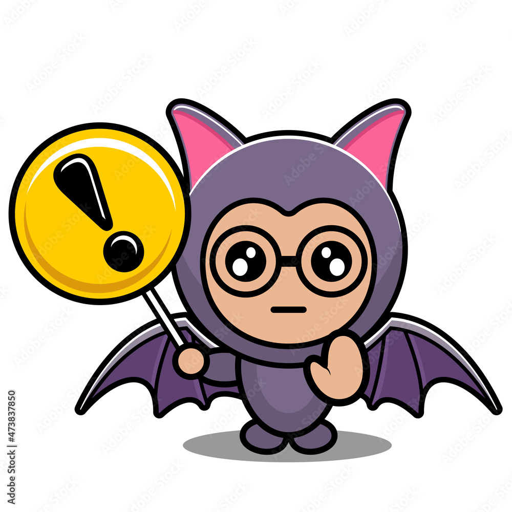 vector cartoon character cute bat animal mascot costume holding a warning sign