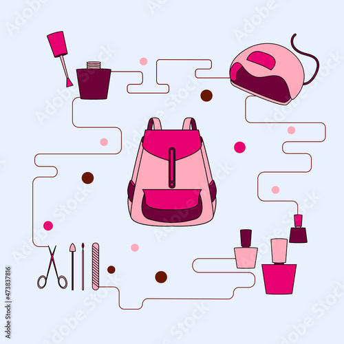 Vector flat illustration of manicurist's backpack for website page template, banner, poster, flyers. Hand-drawn manicure elements: nail polishes, nail scissors, nail file, UV lamp for drying gel polis