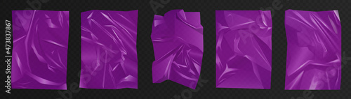 Blue crumpled polyethylene, plastic film set vector illustration. 3d glue paper sheet, cellophane for package or bag with wrinkles and shiny effect, elastic wrapper mockup on transparent background