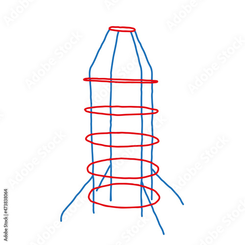 Beautiful hand-drawn red and blue vector illustration of a metal swedish wall rocket for children isolated on a white background