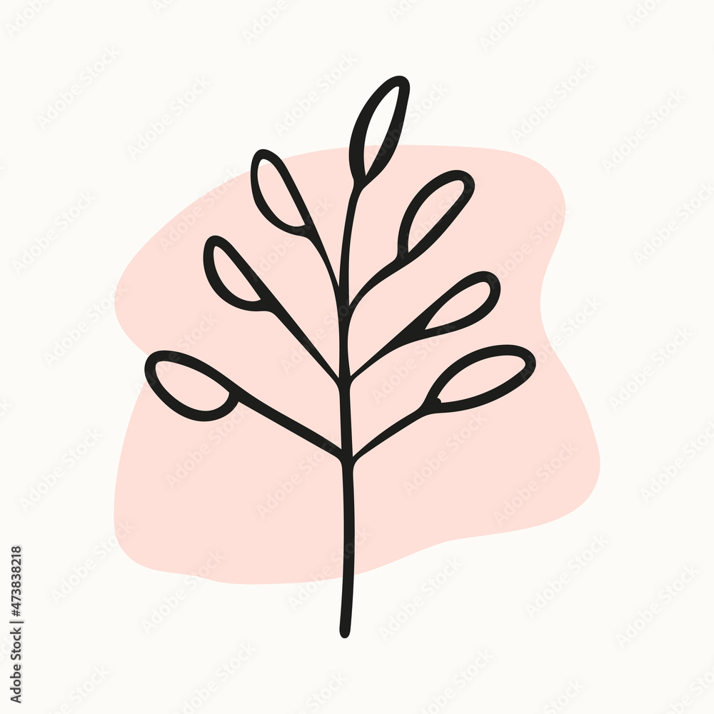 Abstract background image with rounded minimalistic shape in muted color and a branch with leaves or tree. Vector illustration for print, internet, postcard, poster, interior, textile.
