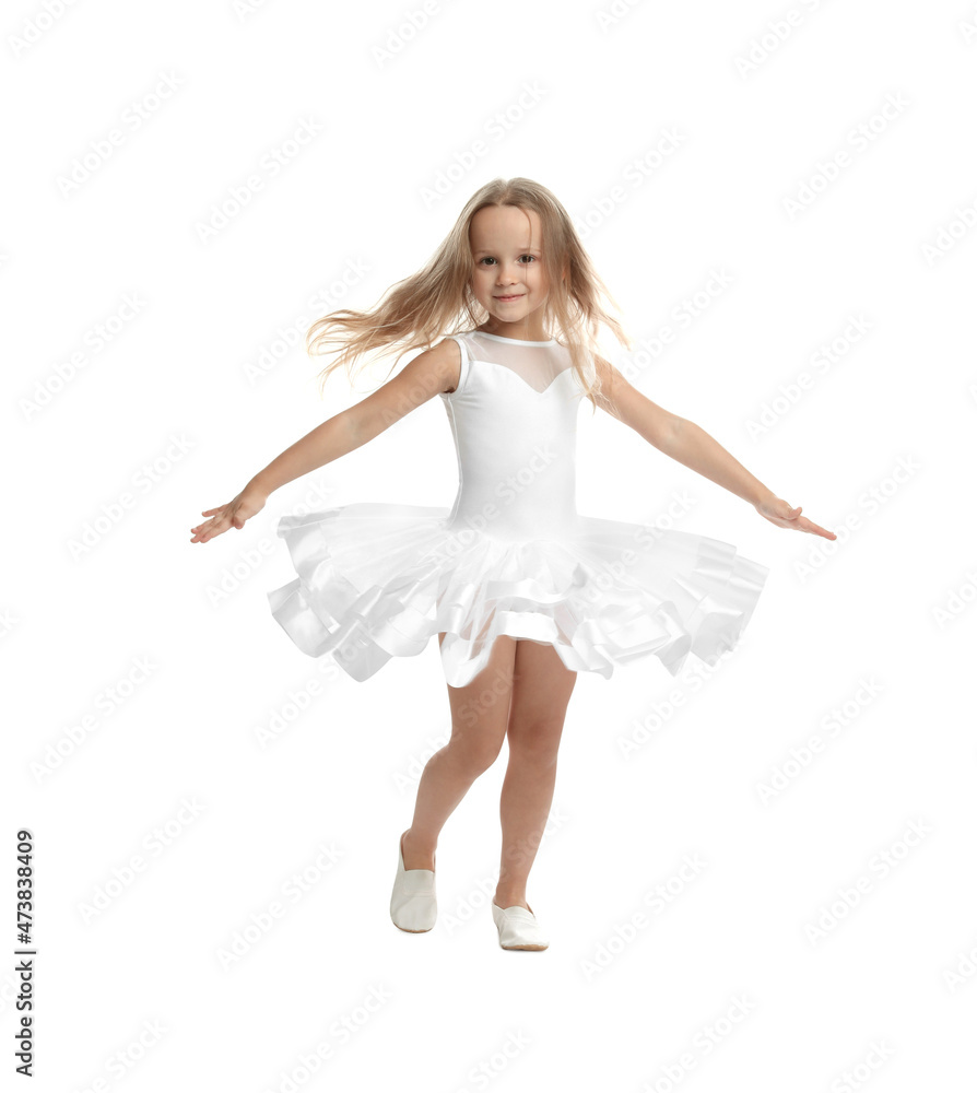 Naklejka premium Cute little girl in beautiful dress dancing on white background