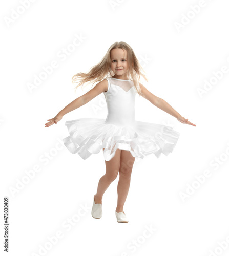 Cute little girl in beautiful dress dancing on white background