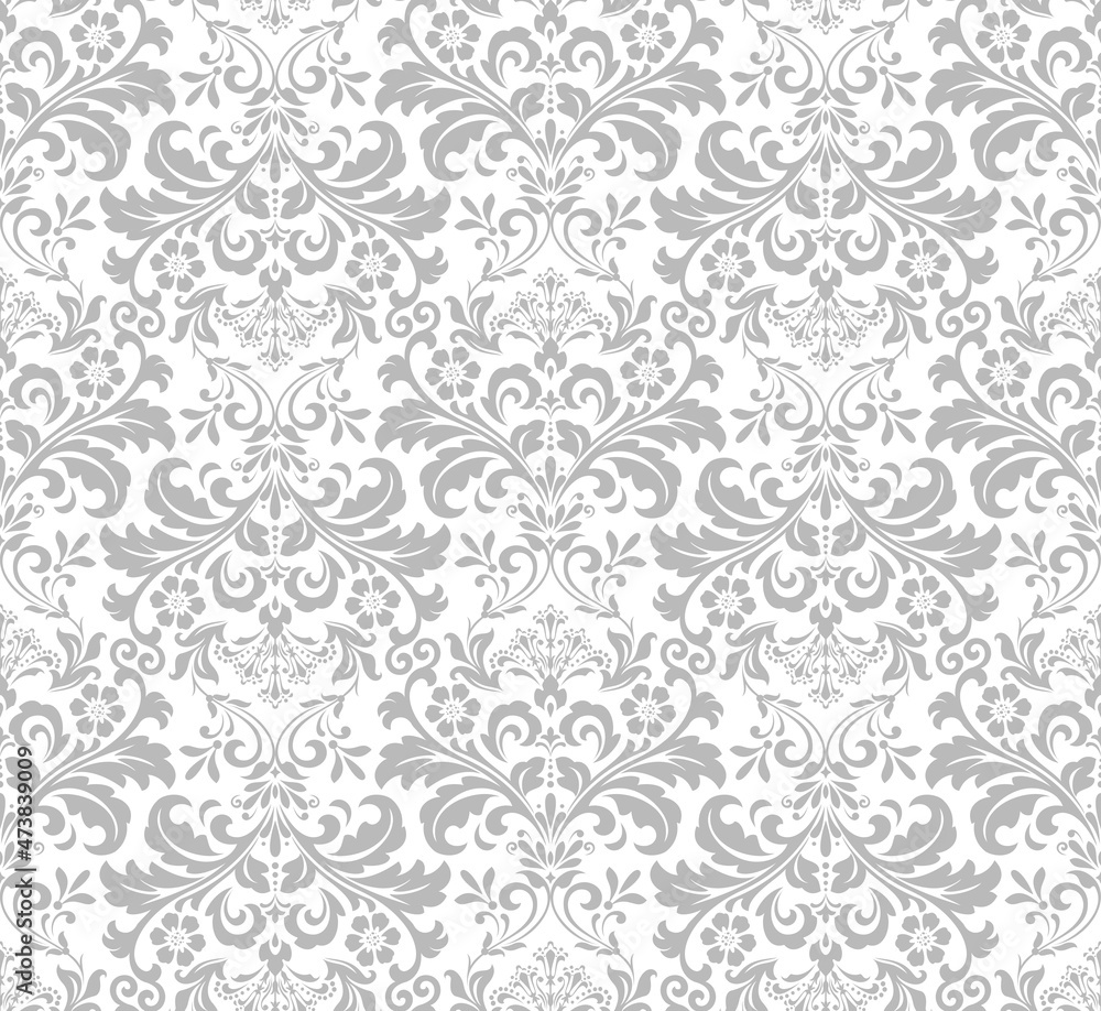 Wallpaper in the style of Baroque. Seamless vector background. White and gray floral ornament. Graphic pattern for fabric, wallpaper, packaging. Ornate Damask flower ornament. Wallpaper in the style of Baroque. Seamless vector background. White and gray floral ornament. Graphic pattern for fabric, wallpaper, packaging. Ornate Damask flower ornament.