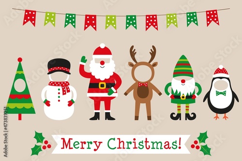 Christmas party props set (Santa, deer, gnome, snowman, penguin)
