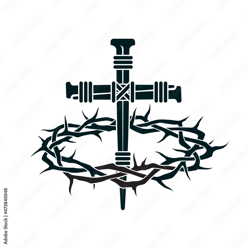 image of jesus nail cross with thorn crown isolated on white background