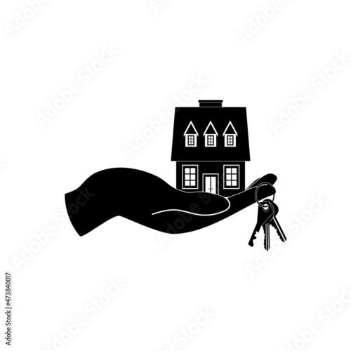 The house icon on the right hand with keys for locks in black on a white background.