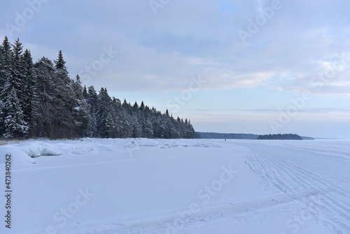 Lake Onega in winter covered with snow