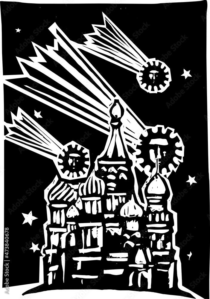 Woodcut style comets that look like covid pandemic spores