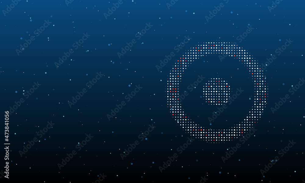 On the right is the astrological sun symbol filled with white dots. Background pattern from dots and circles of different shades. Vector illustration on blue background with stars