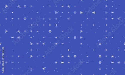Seamless background pattern of evenly spaced white astrological sextile symbols of different sizes and opacity. Vector illustration on indigo background with stars