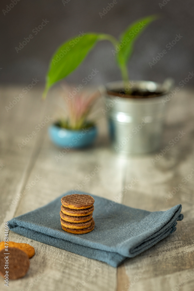 column of chocolate cookies on blue cloth and plants in the background out of focus on gray wooden table column of chocolate cookies on blue cloth and plants in the background out of focus on gray wooden table
