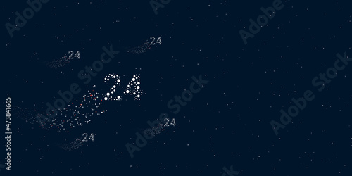 A around the clock symbol filled with dots flies through the stars leaving a trail behind. There are four small symbols around. Vector illustration on dark blue background with stars