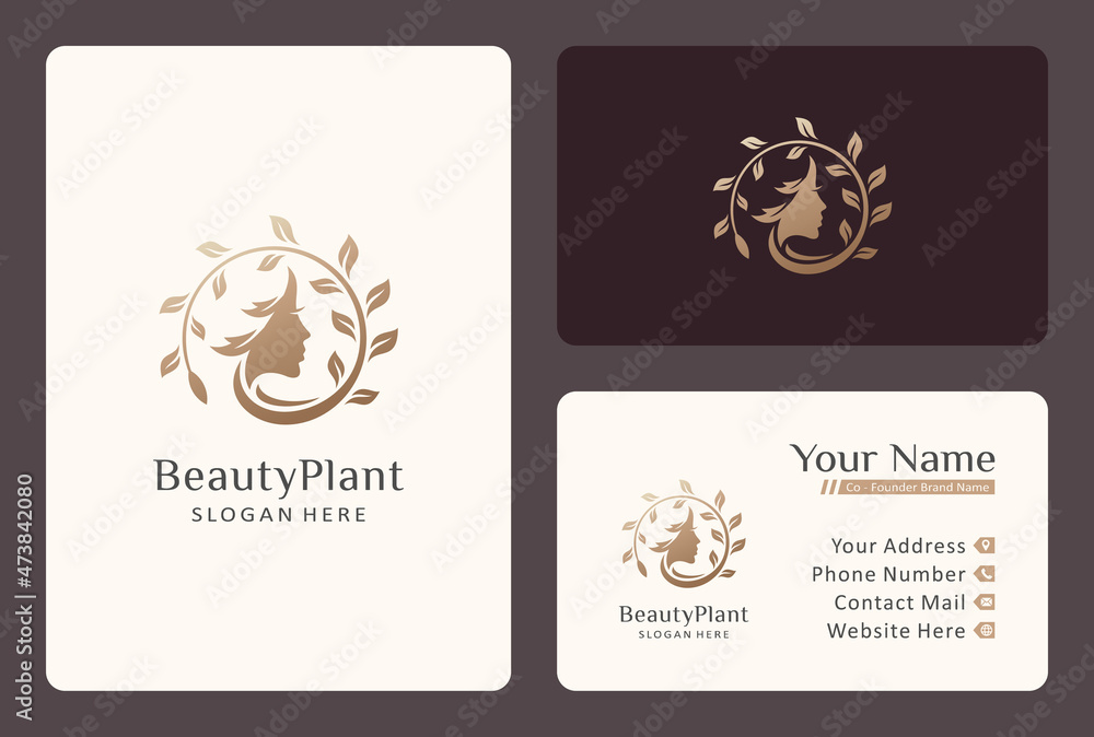 woman face leaves logo design with business card template. woman face leaves logo design with business card template.