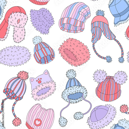 Seamless pattern of colorful fur winter hats: knitted, bobble hats, earflap hats. Vector hand drawn colorful illustration for wrapping paper, wallpaper. photo