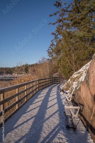 Board walkway at the sea side of the lake M  laren with snowy cliffs and pine trees a cold and sunny pale winter day in Stockholm