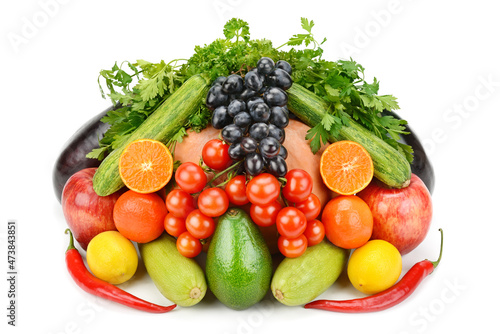 Vegetables and fruits isolated on a white background.