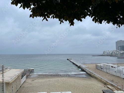 Seaview on a rainy autumn day with grey sky