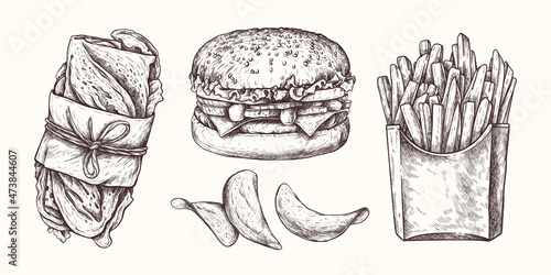 Vector hand drawn Fast food. Hamburger, chips, sandwich, fries. Lunch isolated on white background. Line graphics. Collection of snacks. Junk food.
Great for label, menu, poster, banner, voucher