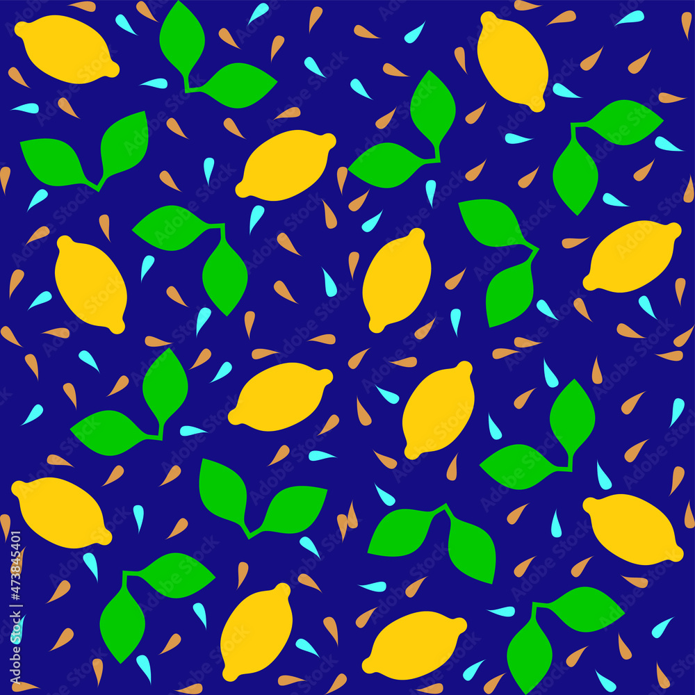 Vector graphics - a beautiful seamless pattern with lemon fruits, leaves and seeds on a dark blue background of trendy colors. Concept - wrapping paper or fabric Vector graphics - a beautiful seamless pattern with lemon fruits, leaves and seeds on a dark blue background of trendy colors. Concept - wrapping paper or fabric