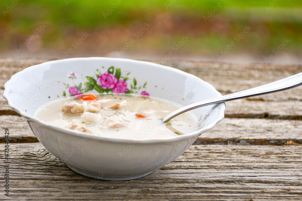 Home made chicken soup with noodles ,parsley and vegetables in white bowl . Healty soup Home made chicken soup with noodles ,parsley and vegetables in white bowl . Healty soup