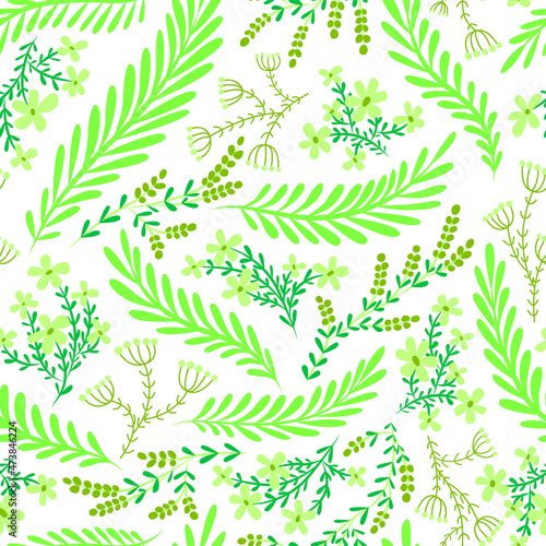 Green floral background. Seamless vector pattern with flowers and plants on white. Green and light-green color