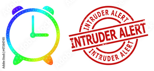 Intruder Alert unclean seal and lowpoly rainbow colored alarm clock icon with gradient. Red stamp seal has Intruder Alert title inside round and lines form.