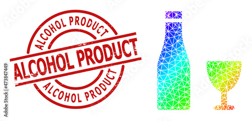 Alcohol Product scratched stamp, and lowpoly rainbow colored alcohol drinks icon with gradient. Red stamp seal contains Alcohol Product tag inside circle and lines form.