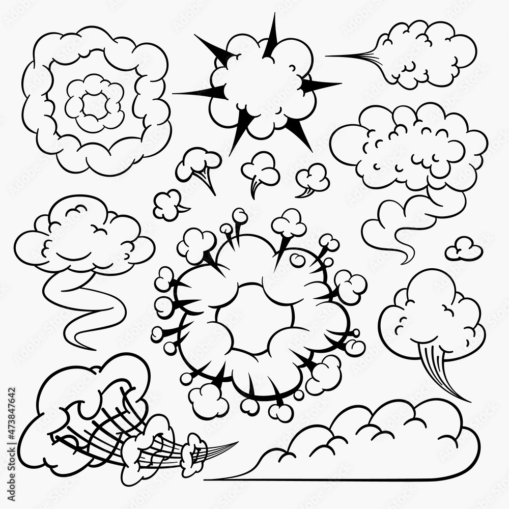 Comic clouds, cartoon vector clouds in line style isolated on light background.