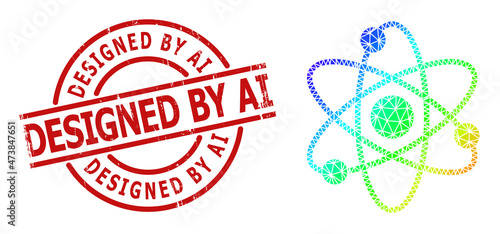 DESIGNED BY AI unclean stamp print and low-poly spectral colored atom electrons icon with gradient. Red stamp has Designed by Ai tag inside round and lines template.