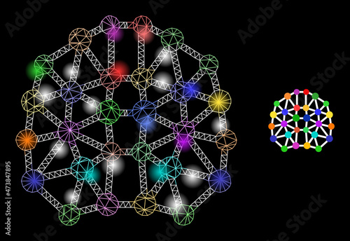 Glowing mesh artificial brain web icon with glowing spots. Illuminated model generated from artificial brain vector icon. Illuminated carcass web polygonal artificial brain, on a black background.