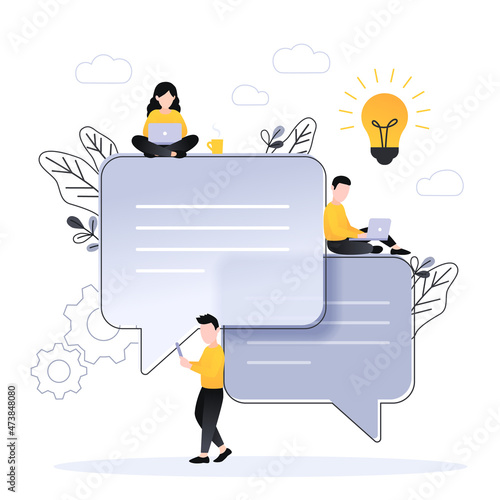 Speech bubbles for comment and reply concept flat vector illustration of small people chatting online. Guys and woman sitting on big symbols of chat.