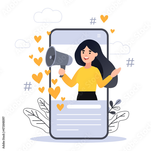 Flat vector style illustration with characters - influencer marketing concept - blogger promotion services, goods for followers online. Social media influencer shouting in megaphone from smartphone.