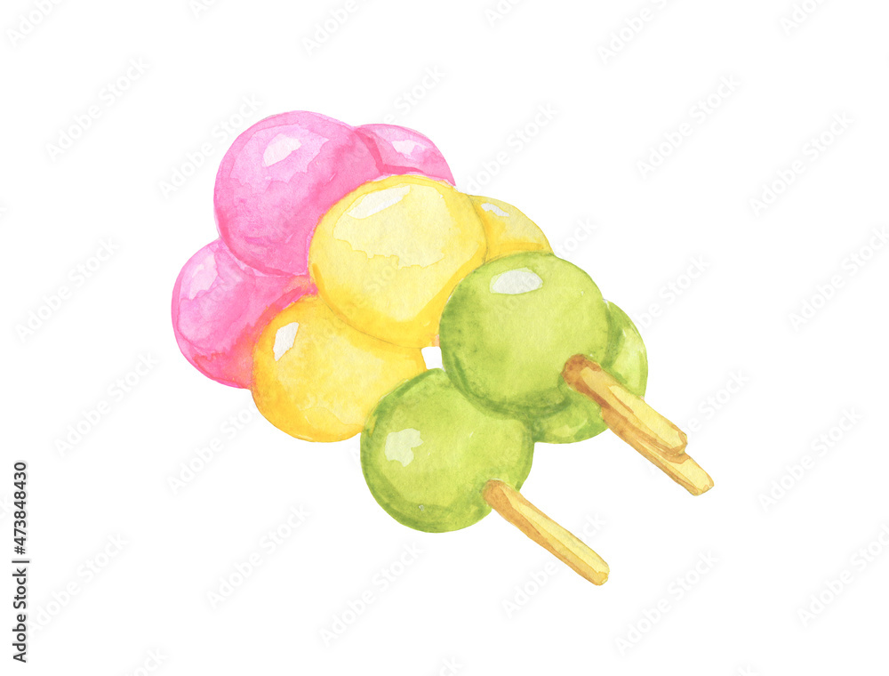 Dango on a stick watercolor illustration. Japanese food. Dango on a stick watercolor illustration. Japanese food.
