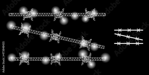 Constellation net barbed wire fence web icon with glitter light spots. Illuminated constellation created from barbed wire fence vector icon. Constellation frame web polygonal barbed wire fence,