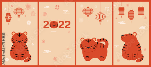 2022 Chinese Lunar New Year social media stories template collection with cute tigers, lanterns, fireworks, flowers, clouds. Holiday background design. Hand drawn vector illustration. Flat style.