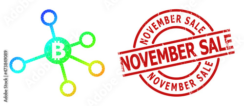 November Sale rubber stamp seal, and lowpoly rainbow colored bitcoin nodes icon with gradient. Red stamp seal includes November Sale text inside round and lines shape.