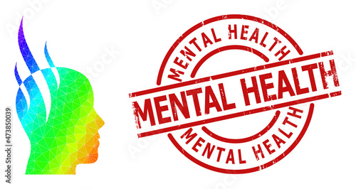 Mental Health textured stamp seal and lowpoly rainbow colored brain steam icon with gradient. Red seal includes MENTAL HEALTH caption inside circle and lines template.