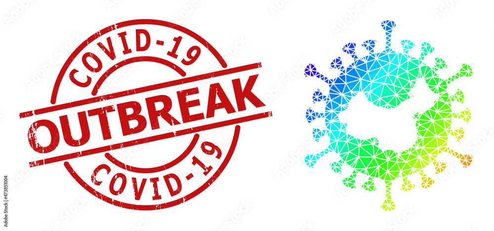 Covid-19 Outbreak scratched badge and lowpoly spectrum colored Chinese covid virus icon with gradient. Red stamp seal includes Covid-19 Outbreak title inside round and lines form. Covid-19 Outbreak scratched badge and lowpoly spectrum colored Chinese covid virus icon with gradient. Red stamp seal includes Covid-19 Outbreak title inside round and lines form.