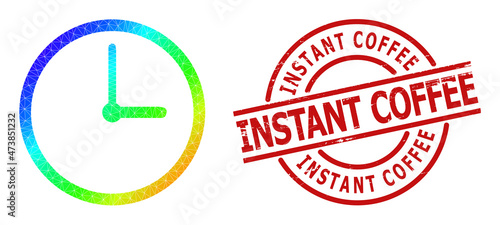 Instant Coffee scratched stamp print, and low-poly rainbow colored clock icon with gradient. Red stamp seal has Instant Coffee caption inside round and lines template.