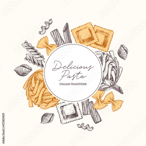 Types of Italian pasta. Vector hand drawn illustration in vintage engraved style. Isolated on white background.