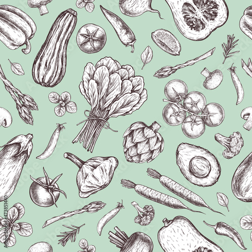 Fresh vegetables seamless pattern. Pumpkin, eggplant, artichoke, pepper, tomato, avocado, asparagus engraved. Vintage botanical background in engraved style for fabric, wrapping paper