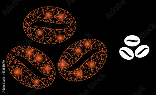 Bright network coffee grains web icon with illuminated light spots. Illuminated constellation is done from coffee grains vector icon. Constellation carcass web polygonal coffee grains,